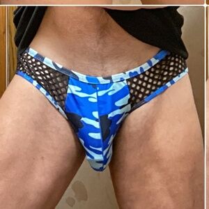 Sexy mesh blue and black camo brief.